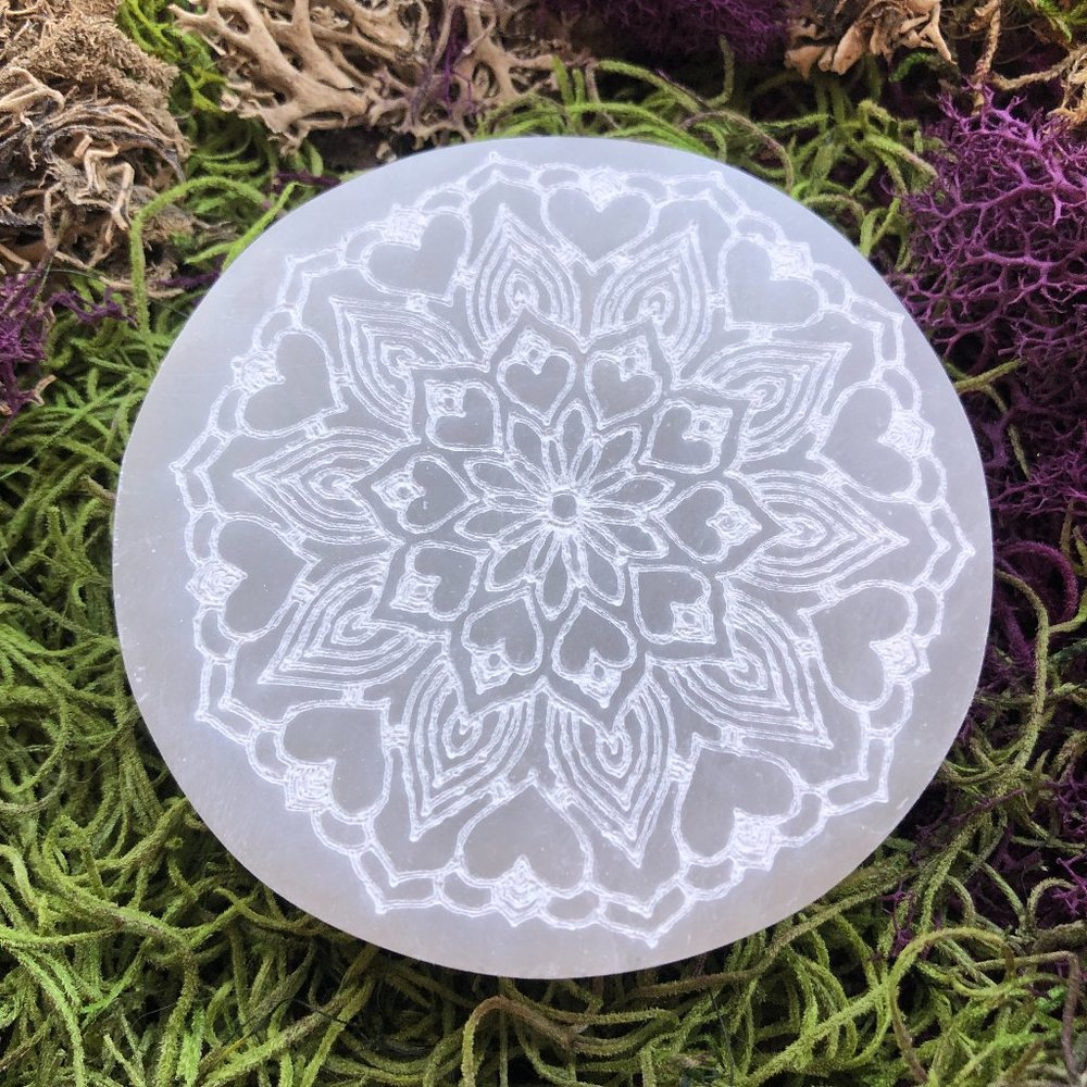 Selenite Charging Plate etched crystal with hearts natural crystal decor gift